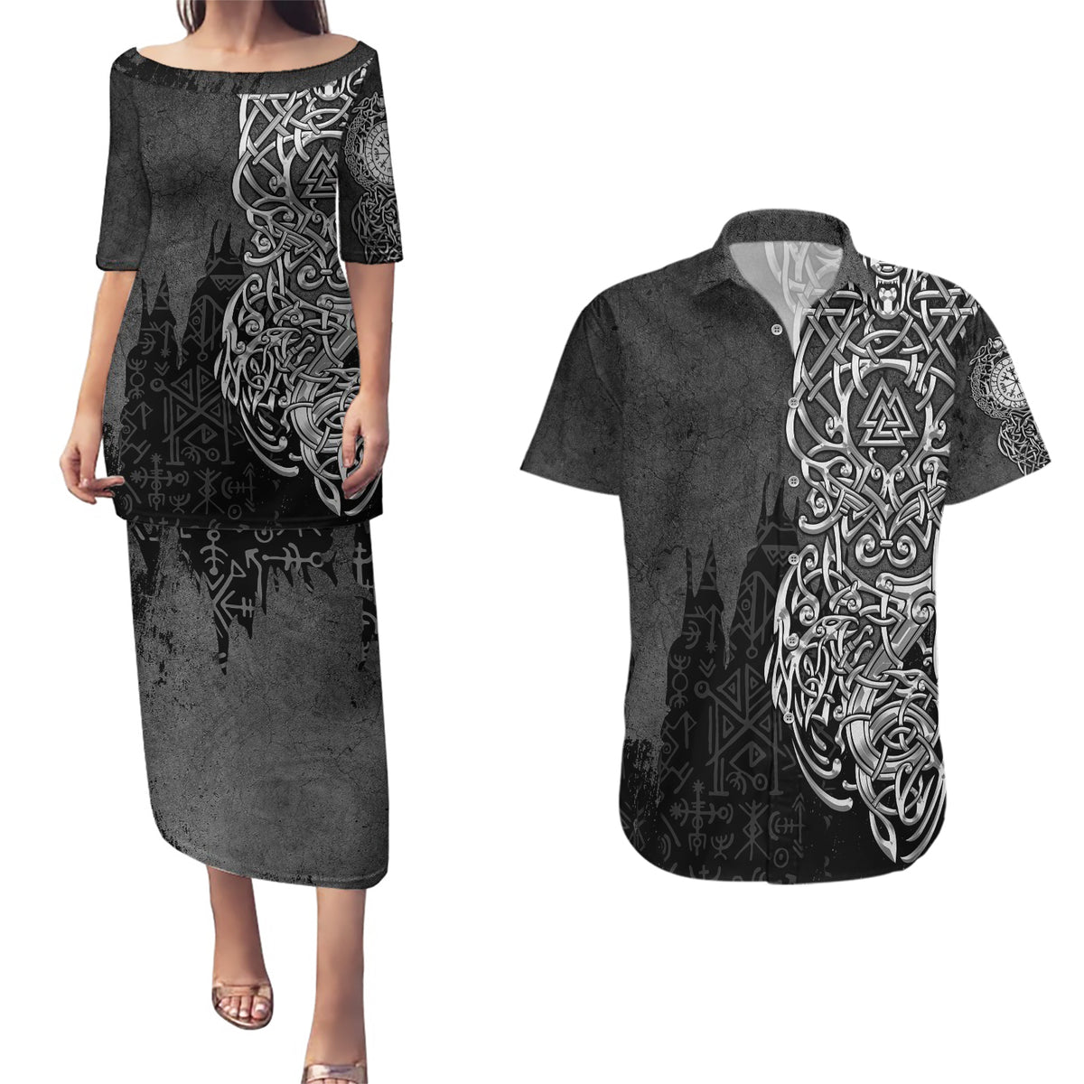 Viking Skoll and Hati Couples Matching Puletasi Dress and Hawaiian Shirt Chasing Eternity - Wonder Print Shop