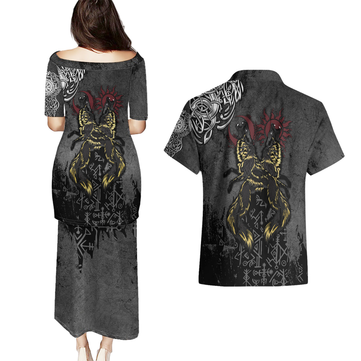 Viking Skoll and Hati Couples Matching Puletasi Dress and Hawaiian Shirt Chasing Eternity - Wonder Print Shop