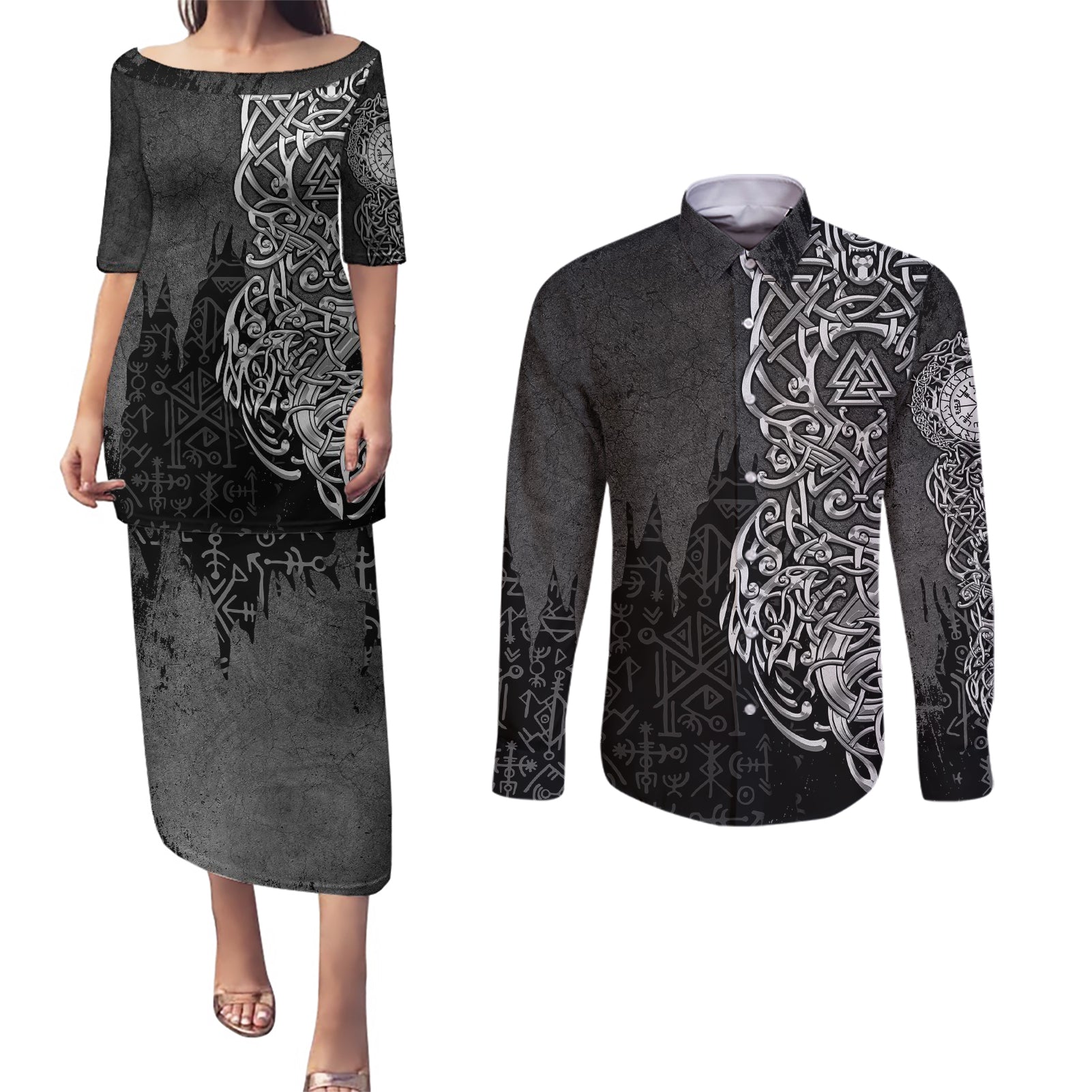Viking Skoll and Hati Couples Matching Puletasi Dress and Long Sleeve Button Shirts Chasing Eternity - Wonder Print Shop