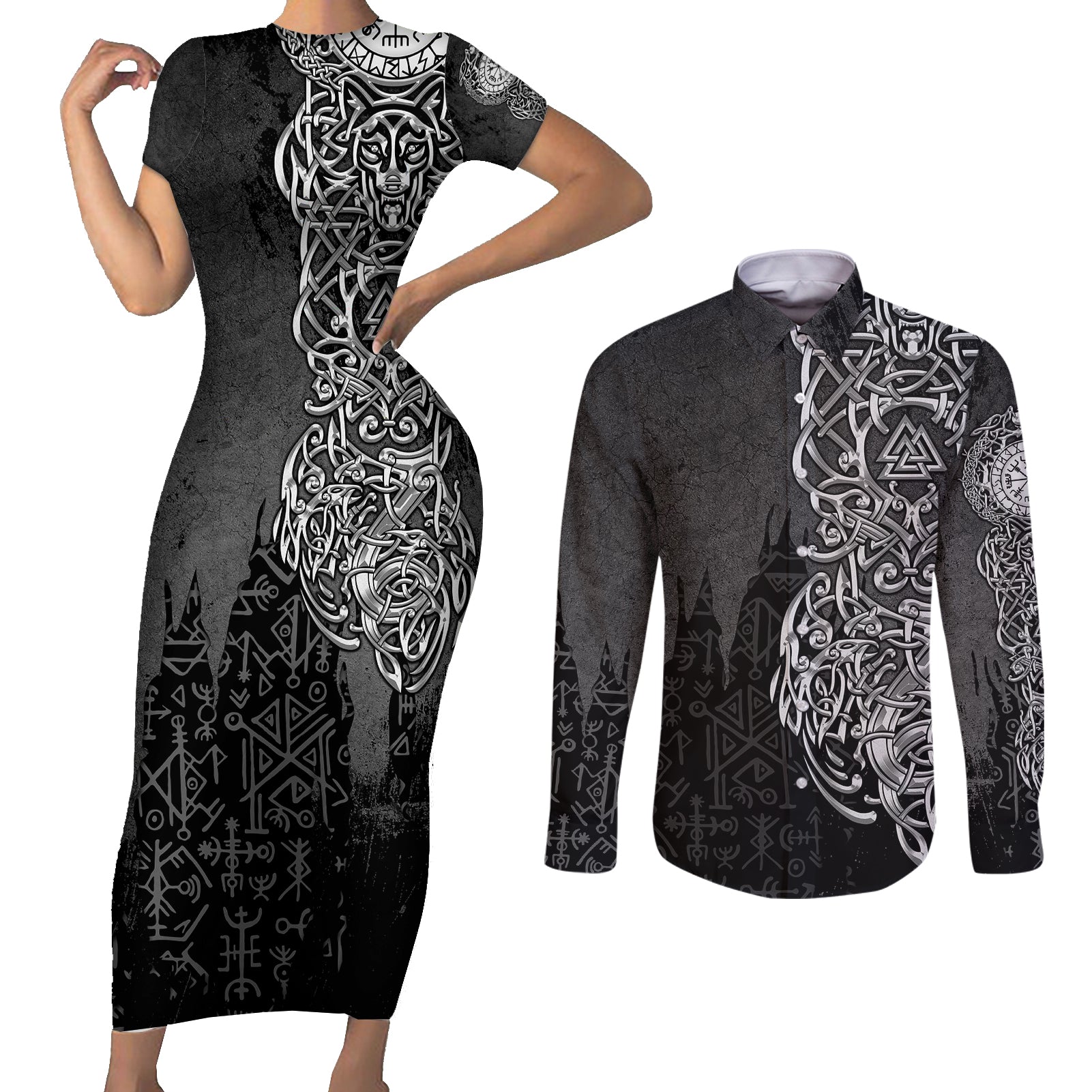 Viking Skoll and Hati Couples Matching Short Sleeve Bodycon Dress and Long Sleeve Button Shirts Chasing Eternity - Wonder Print Shop