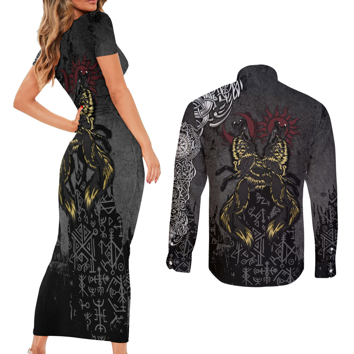 Viking Skoll and Hati Couples Matching Short Sleeve Bodycon Dress and Long Sleeve Button Shirts Chasing Eternity - Wonder Print Shop