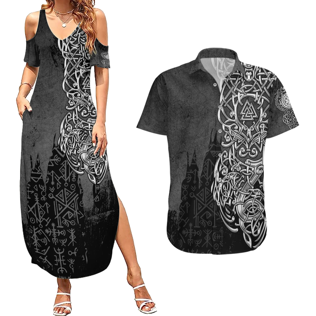 Viking Skoll and Hati Couples Matching Summer Maxi Dress and Hawaiian Shirt Chasing Eternity - Wonder Print Shop