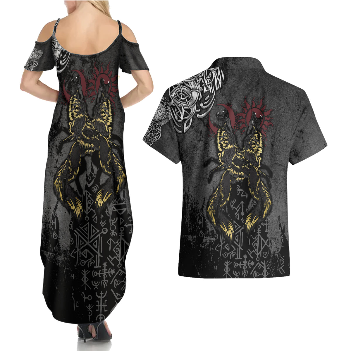 Viking Skoll and Hati Couples Matching Summer Maxi Dress and Hawaiian Shirt Chasing Eternity - Wonder Print Shop