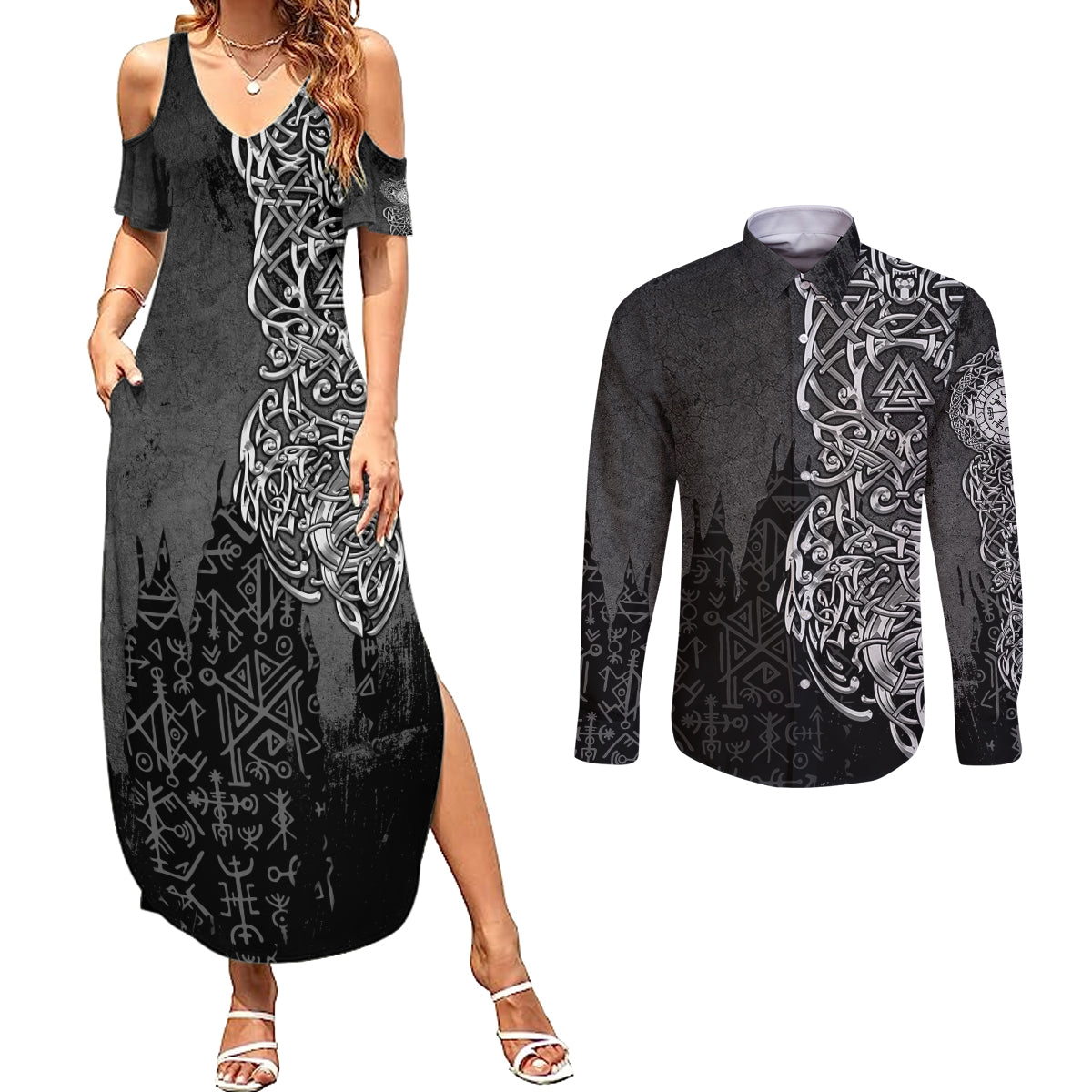 Viking Skoll and Hati Couples Matching Summer Maxi Dress and Long Sleeve Button Shirts Chasing Eternity - Wonder Print Shop