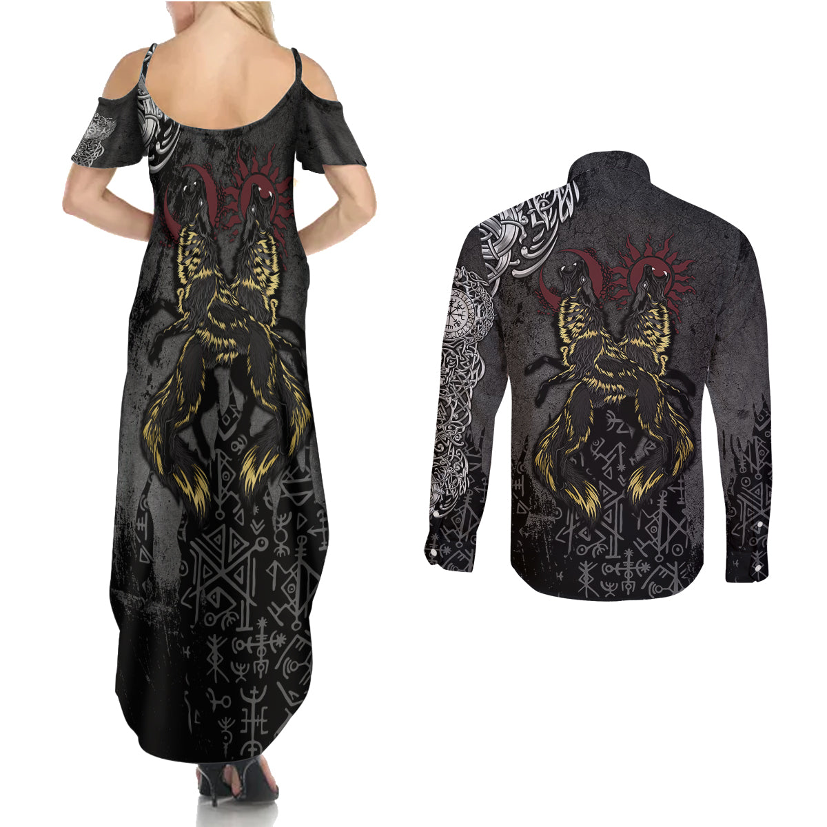 Viking Skoll and Hati Couples Matching Summer Maxi Dress and Long Sleeve Button Shirts Chasing Eternity - Wonder Print Shop