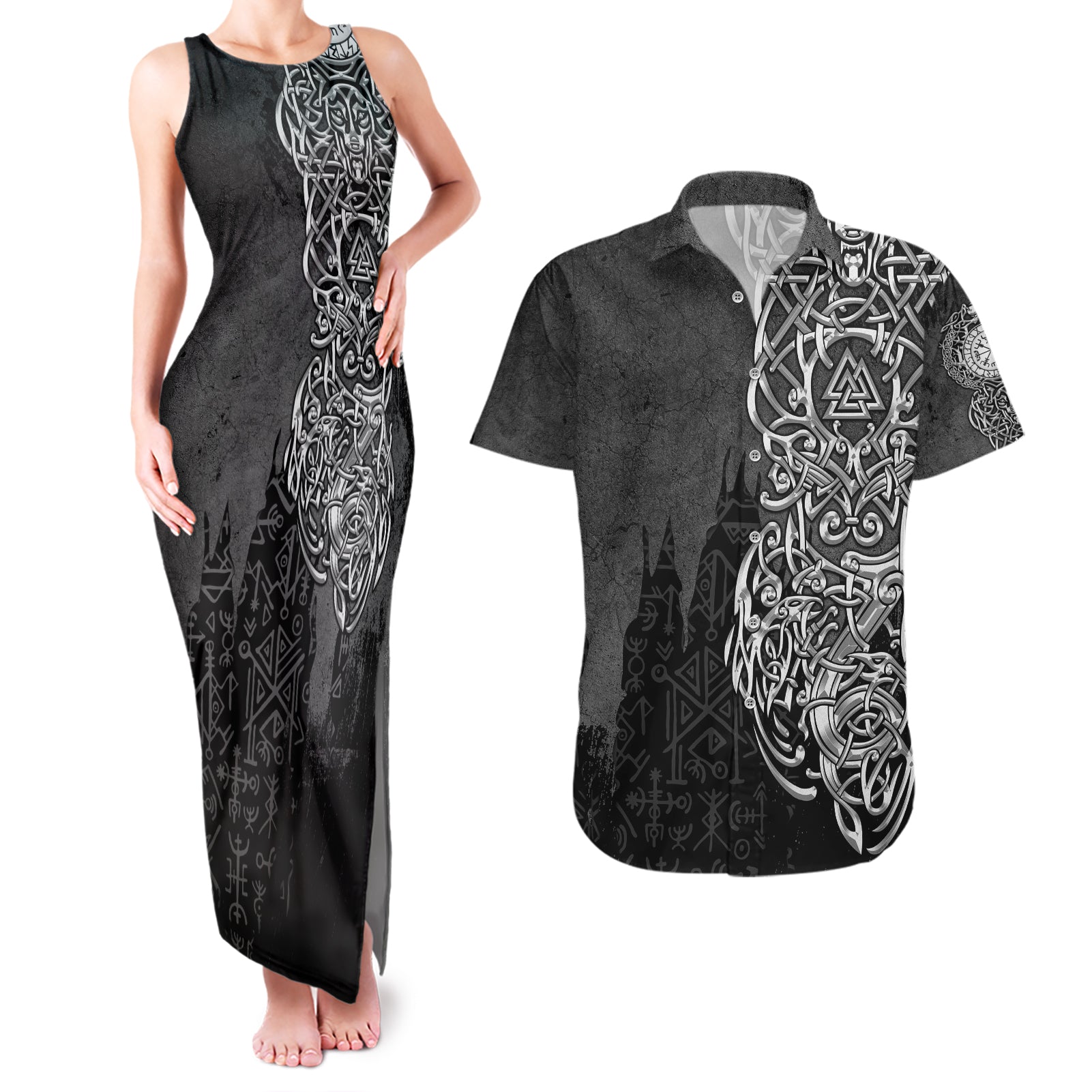 Viking Skoll and Hati Couples Matching Tank Maxi Dress and Hawaiian Shirt Chasing Eternity - Wonder Print Shop