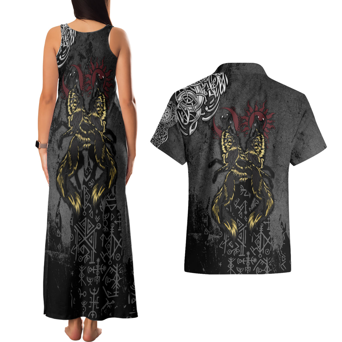 Viking Skoll and Hati Couples Matching Tank Maxi Dress and Hawaiian Shirt Chasing Eternity - Wonder Print Shop