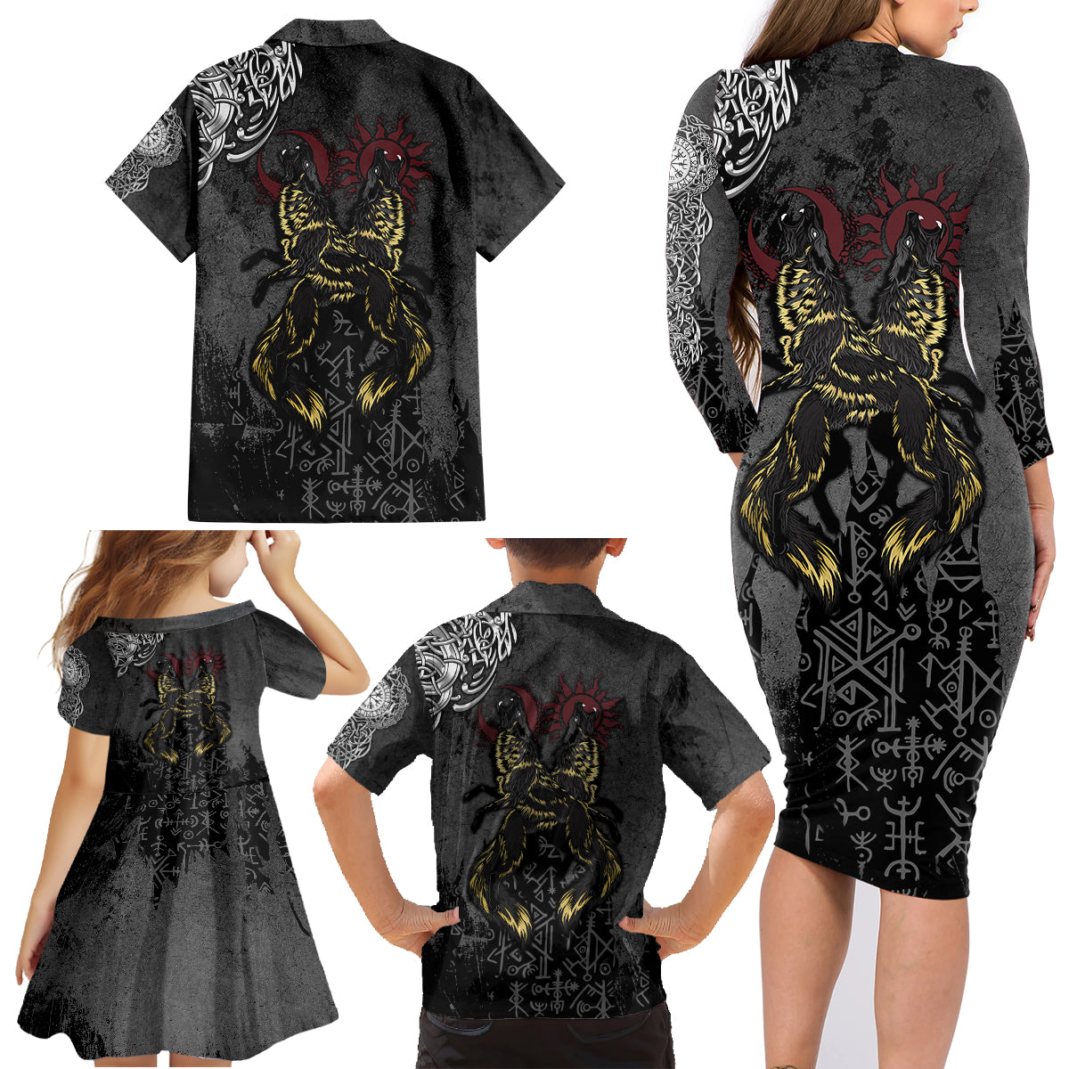 Viking Skoll and Hati Family Matching Long Sleeve Bodycon Dress and Hawaiian Shirt Chasing Eternity - Wonder Print Shop