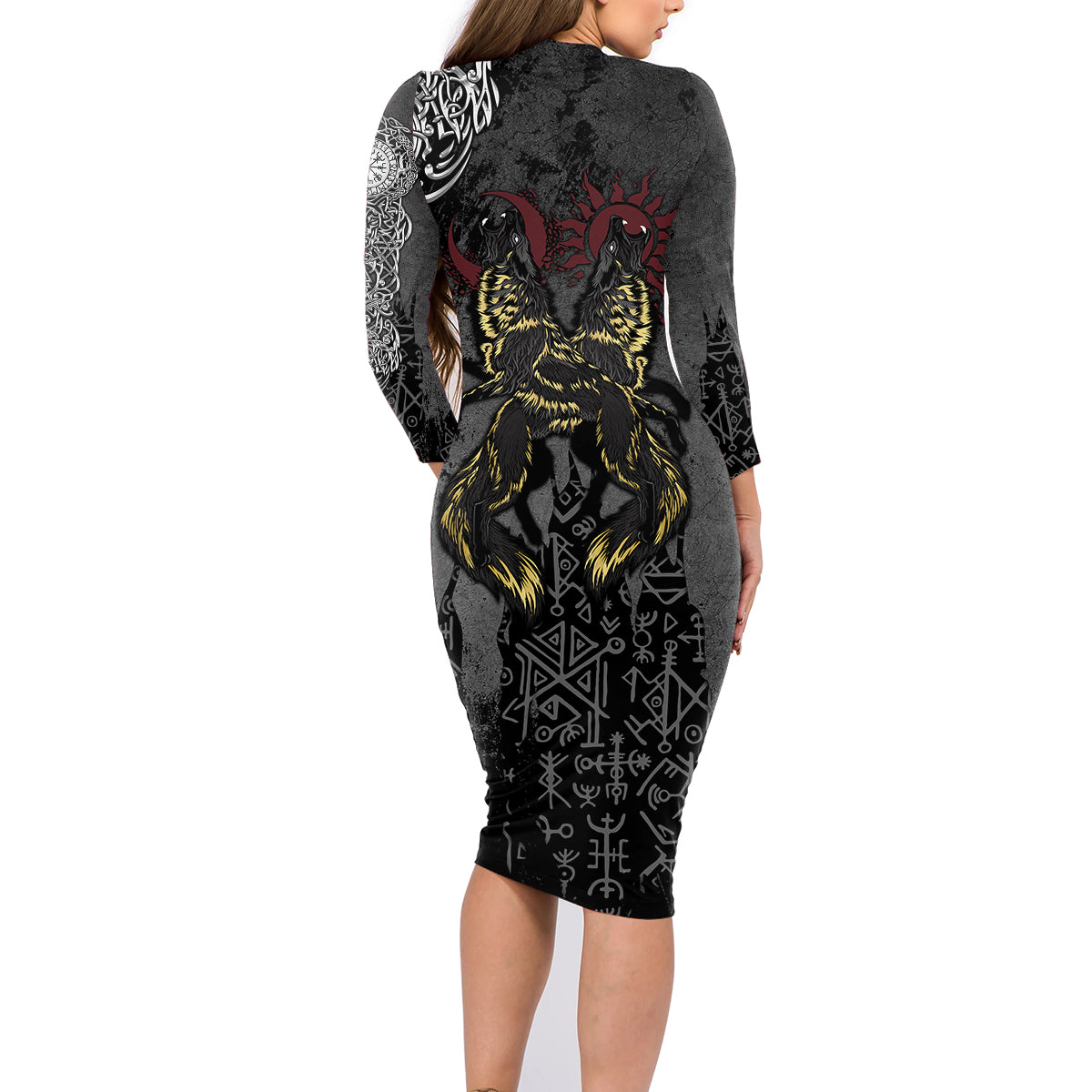 Viking Skoll and Hati Family Matching Long Sleeve Bodycon Dress and Hawaiian Shirt Chasing Eternity - Wonder Print Shop