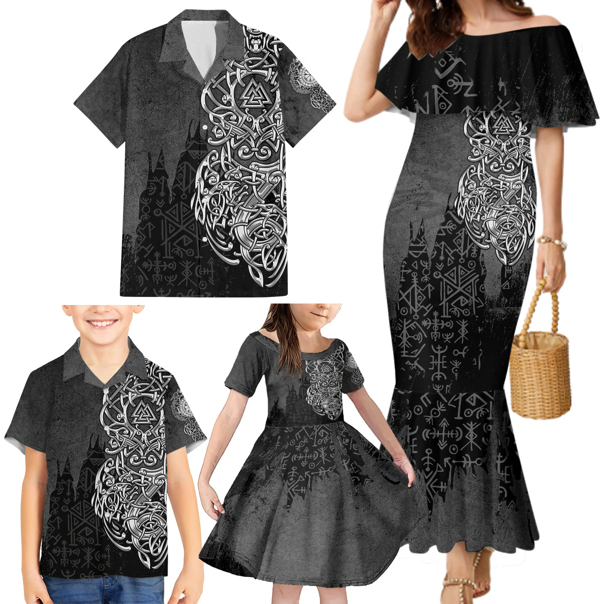 Viking Skoll and Hati Family Matching Mermaid Dress and Hawaiian Shirt Chasing Eternity - Wonder Print Shop