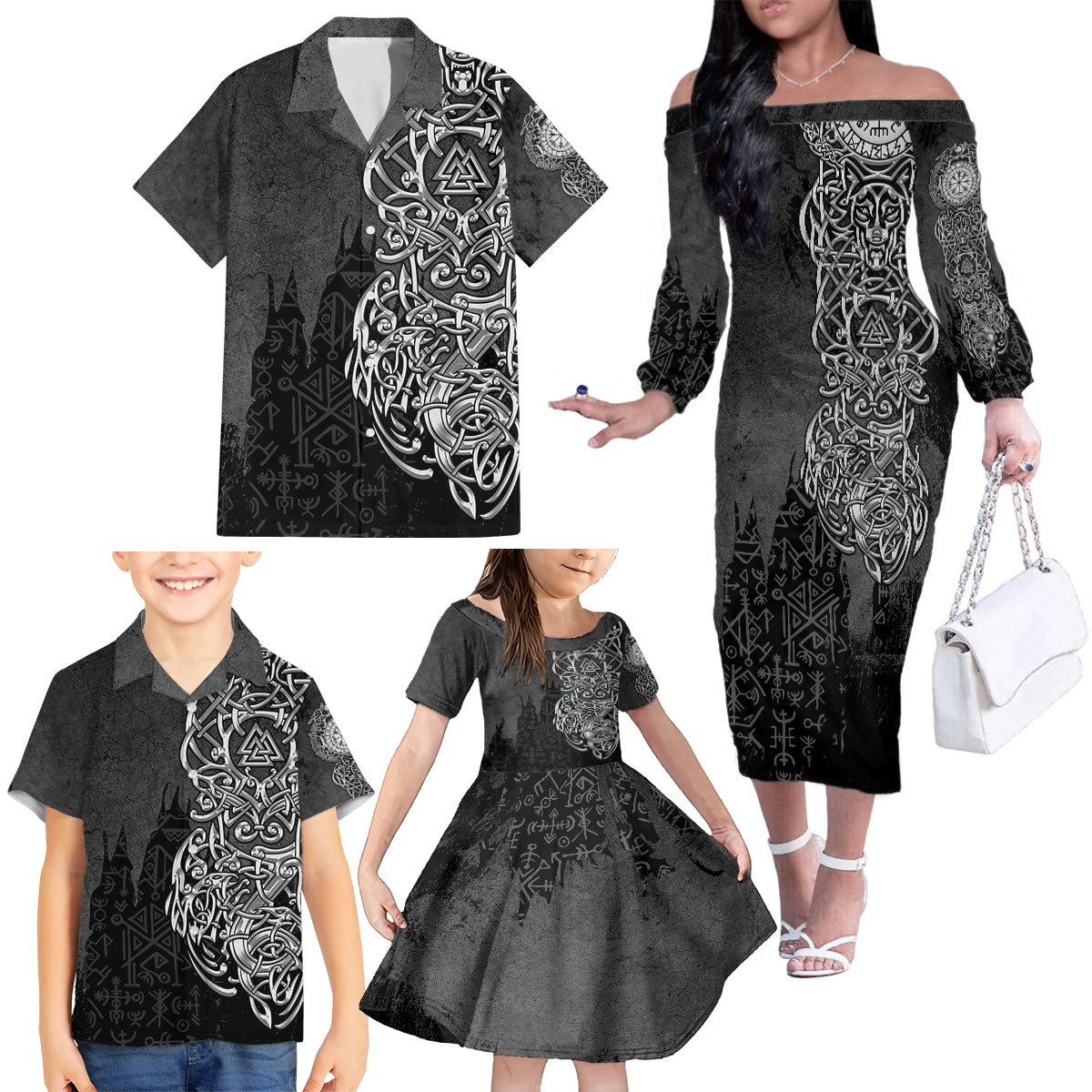 Viking Skoll and Hati Family Matching Off Shoulder Long Sleeve Dress and Hawaiian Shirt Chasing Eternity - Wonder Print Shop