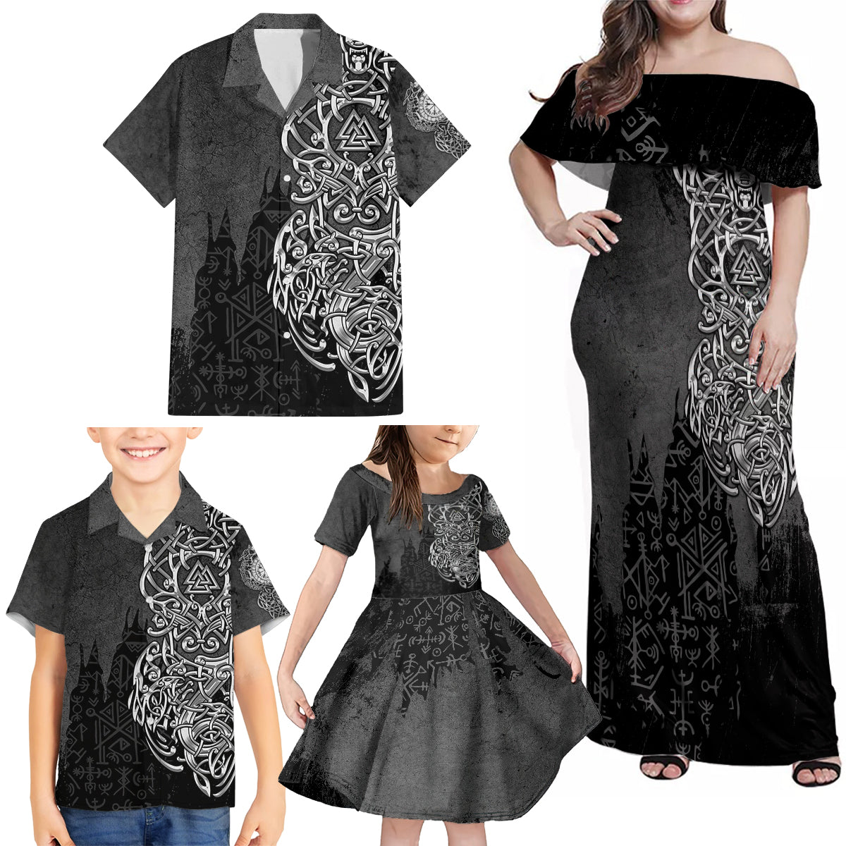 Viking Skoll and Hati Family Matching Off Shoulder Maxi Dress and Hawaiian Shirt Chasing Eternity - Wonder Print Shop