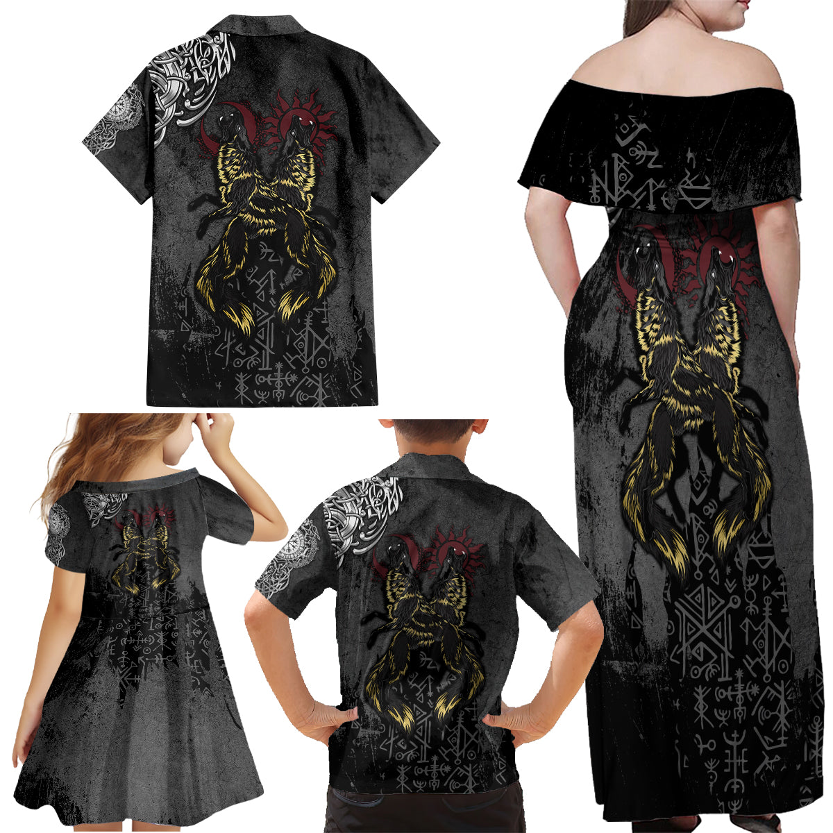 Viking Skoll and Hati Family Matching Off Shoulder Maxi Dress and Hawaiian Shirt Chasing Eternity - Wonder Print Shop
