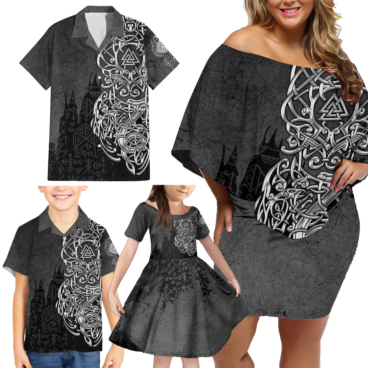 Viking Skoll and Hati Family Matching Off Shoulder Short Dress and Hawaiian Shirt Chasing Eternity - Wonder Print Shop