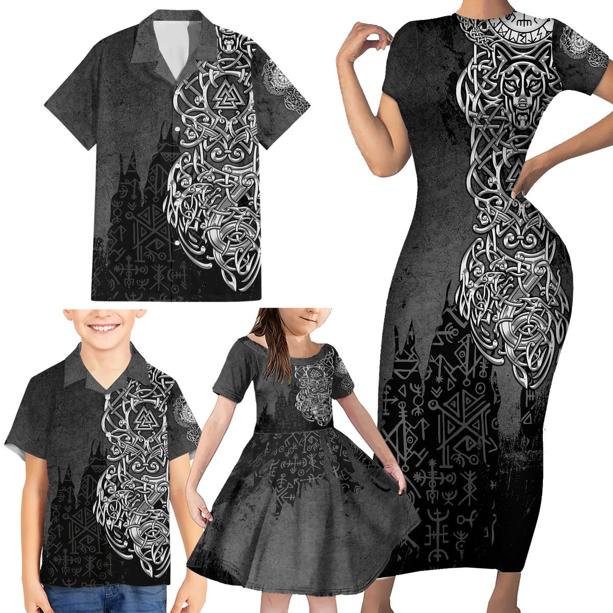 Viking Skoll and Hati Family Matching Short Sleeve Bodycon Dress and Hawaiian Shirt Chasing Eternity - Wonder Print Shop