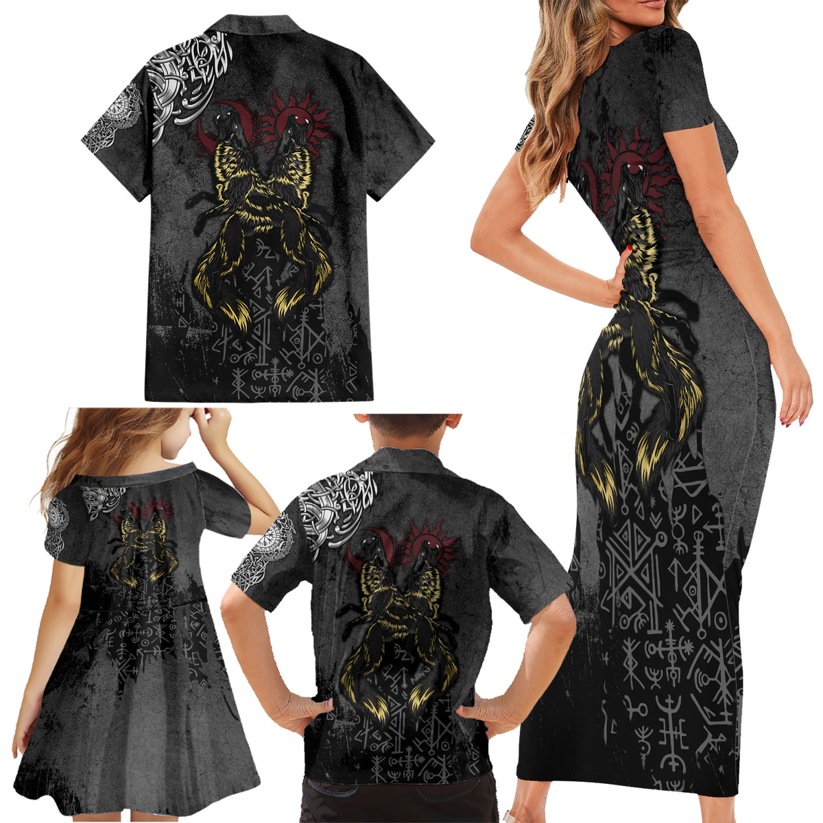 Viking Skoll and Hati Family Matching Short Sleeve Bodycon Dress and Hawaiian Shirt Chasing Eternity - Wonder Print Shop