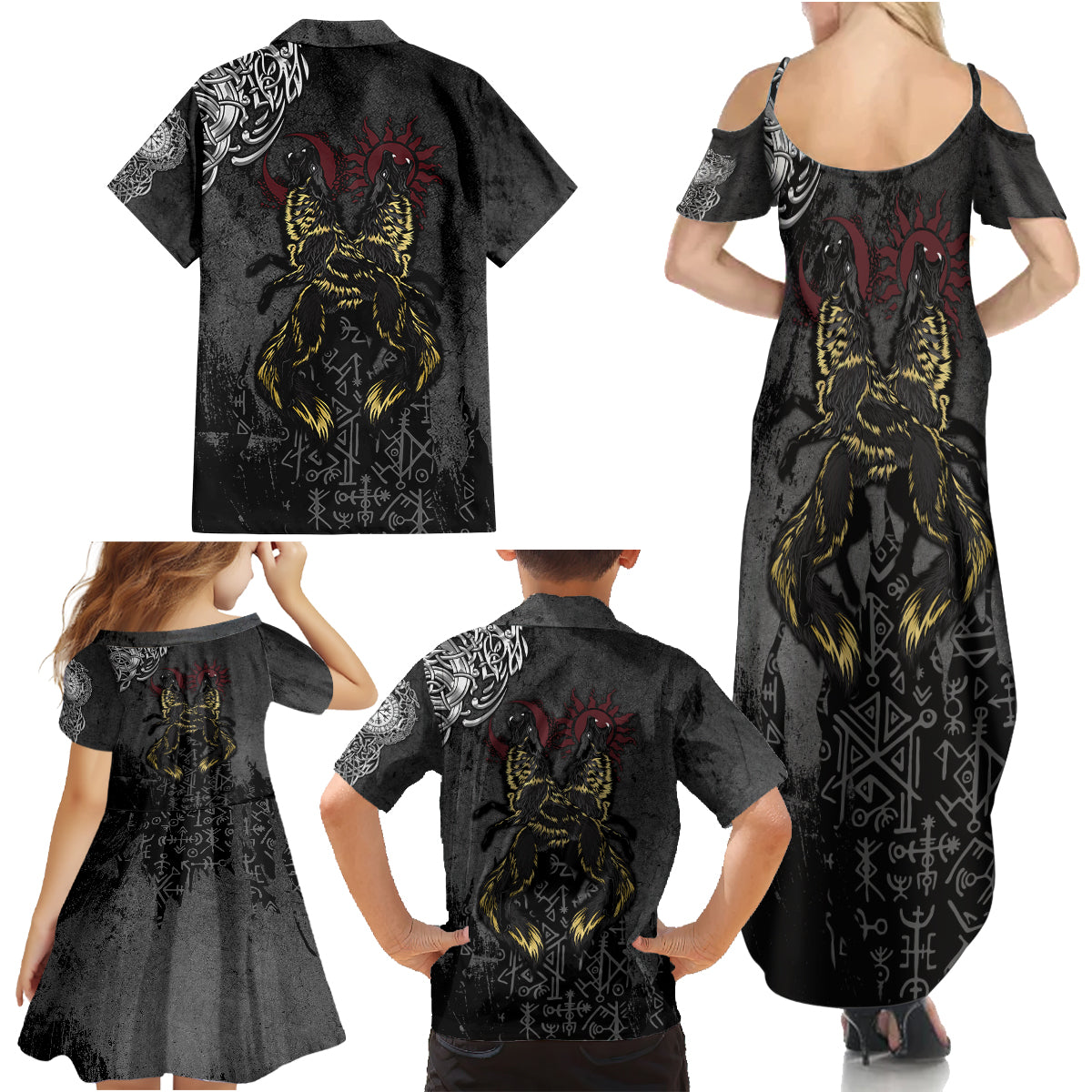 Viking Skoll and Hati Family Matching Summer Maxi Dress and Hawaiian Shirt Chasing Eternity - Wonder Print Shop