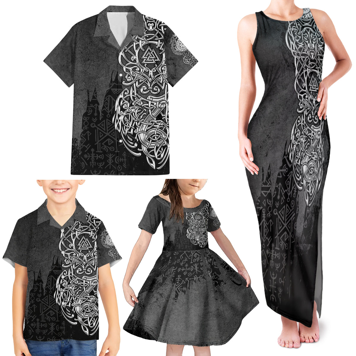 Viking Skoll and Hati Family Matching Tank Maxi Dress and Hawaiian Shirt Chasing Eternity - Wonder Print Shop