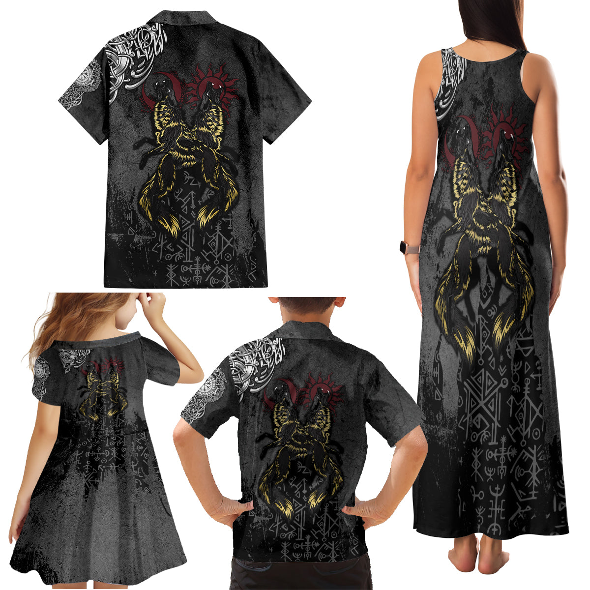 Viking Skoll and Hati Family Matching Tank Maxi Dress and Hawaiian Shirt Chasing Eternity - Wonder Print Shop