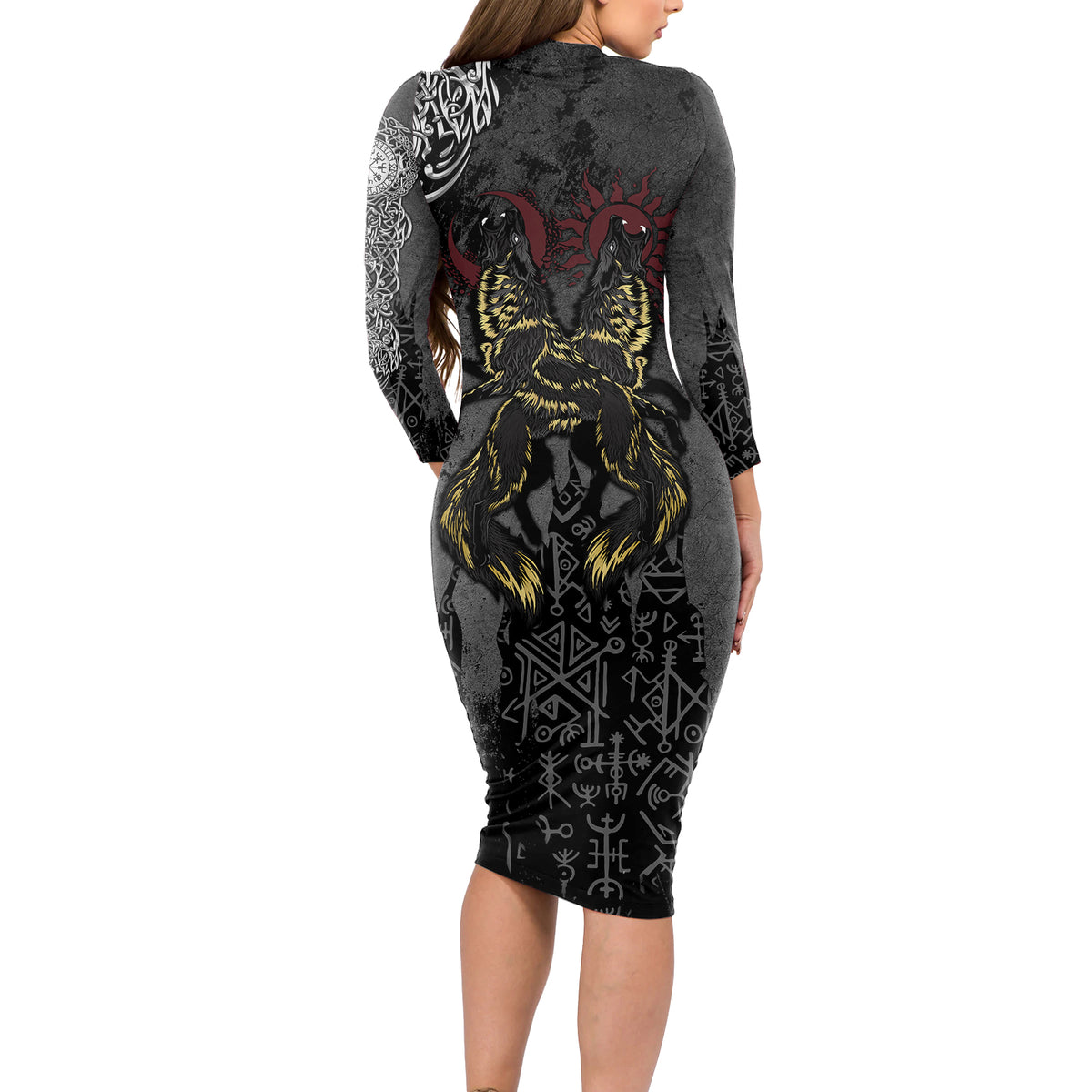 Viking Skoll and Hati Long Sleeve Bodycon Dress Chasing Eternity - Wonder Print Shop