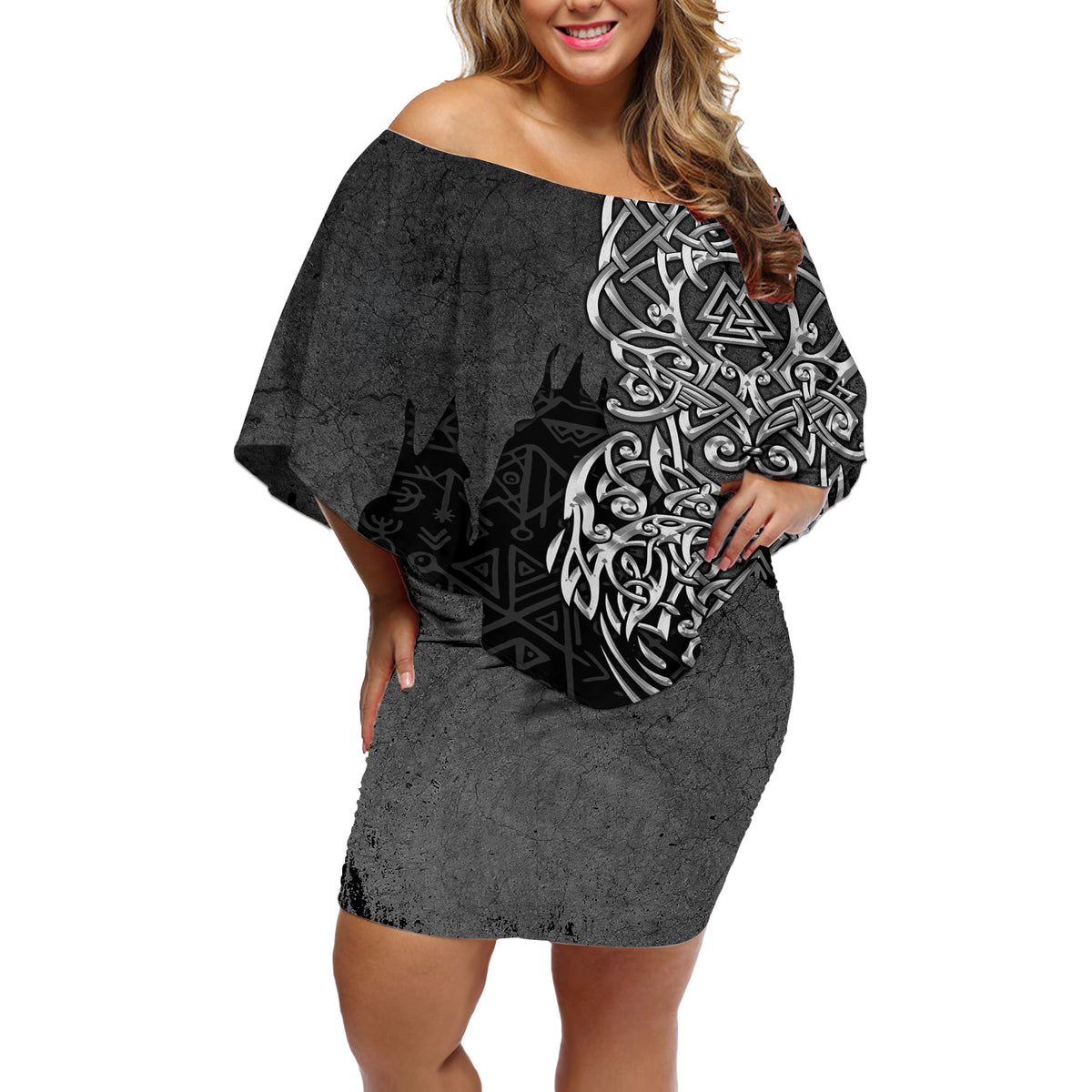 Viking Skoll and Hati Off Shoulder Short Dress Chasing Eternity - Wonder Print Shop