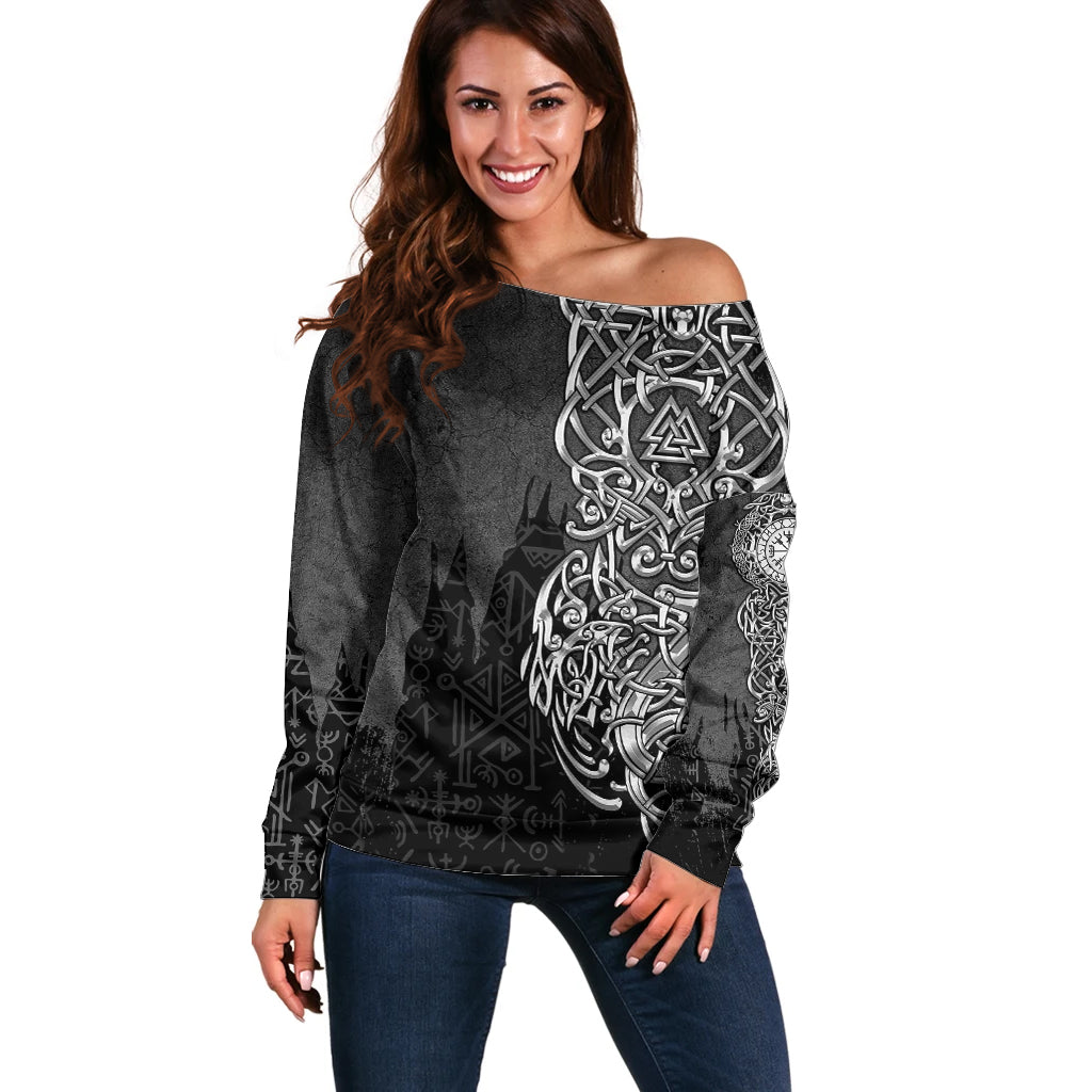Viking Skoll and Hati Off Shoulder Sweater Chasing Eternity - Wonder Print Shop