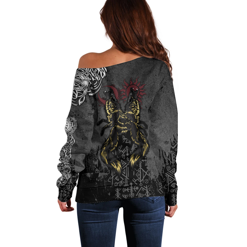 Viking Skoll and Hati Off Shoulder Sweater Chasing Eternity - Wonder Print Shop