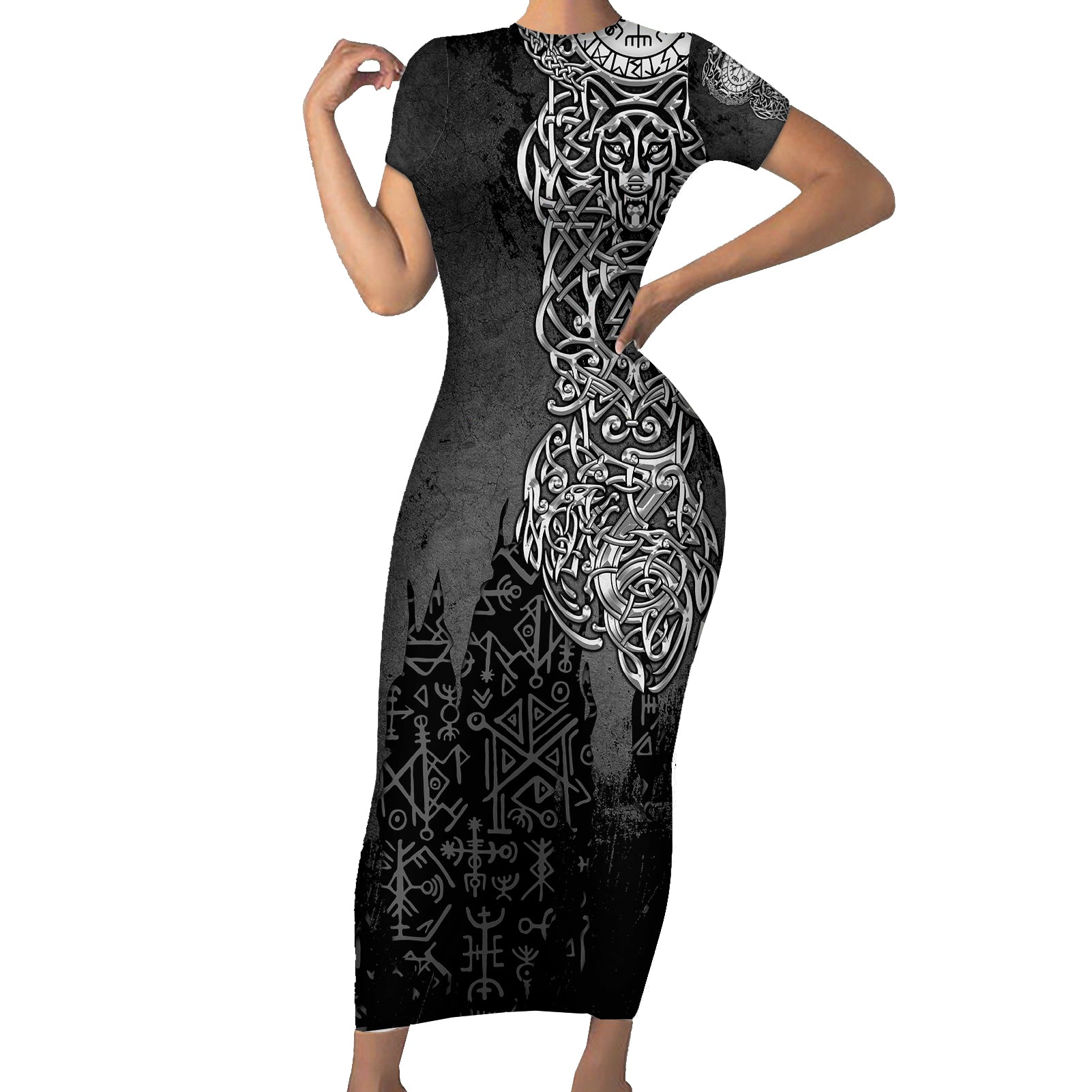 Viking Skoll and Hati Short Sleeve Bodycon Dress Chasing Eternity - Wonder Print Shop