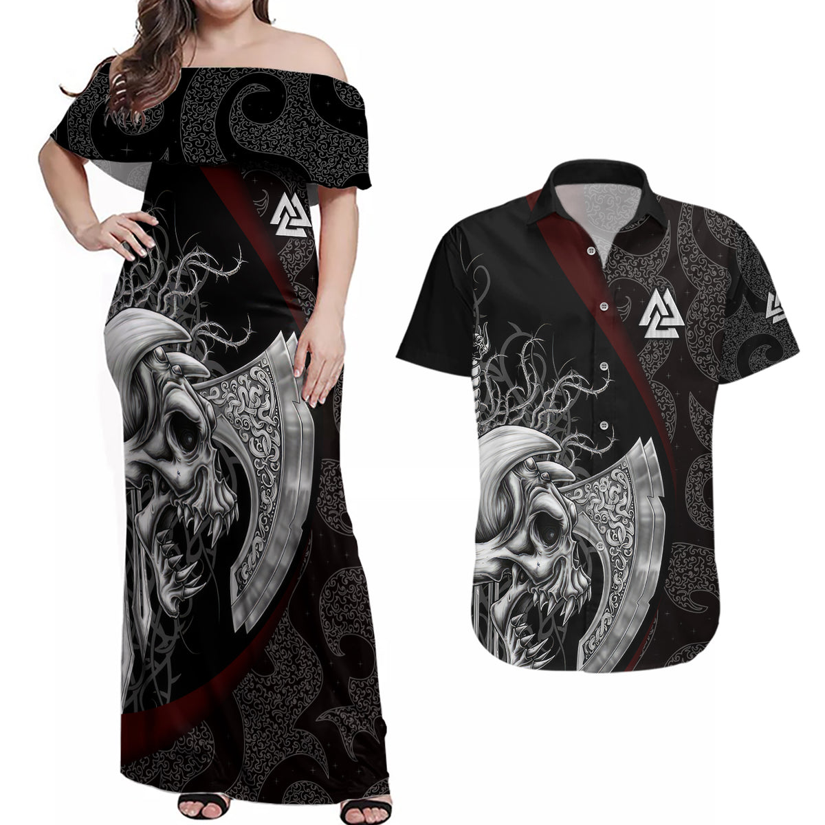 Viking Valhalla Couples Matching Off Shoulder Maxi Dress and Hawaiian Shirt Skull And Axe - Wonder Print Shop
