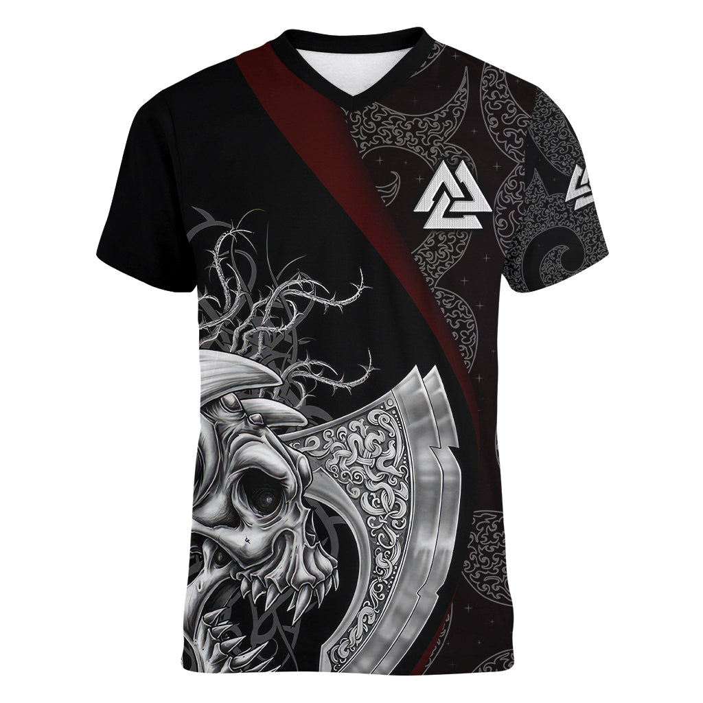 Viking Valhalla Women V Neck T Shirt Skull And Axe - Wonder Print Shop
