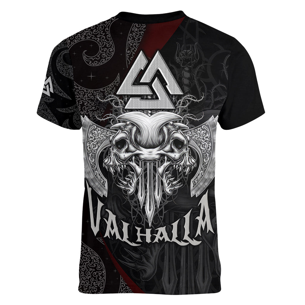 Viking Valhalla Women V Neck T Shirt Skull And Axe - Wonder Print Shop