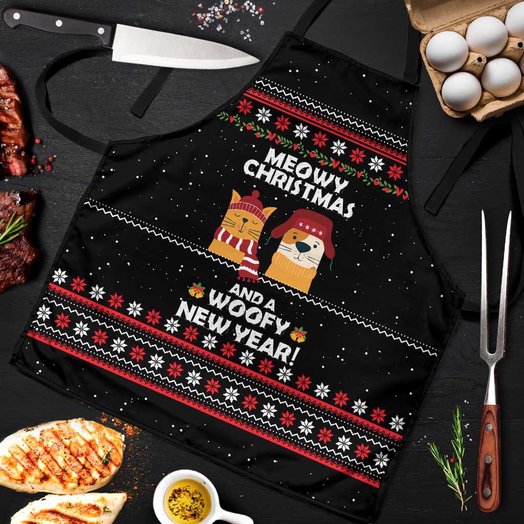 Meowy Christmas Woofy New Year Apron with Cat and Dog in Winter Hats and Festive Pattern Design - Wonder Print Shop