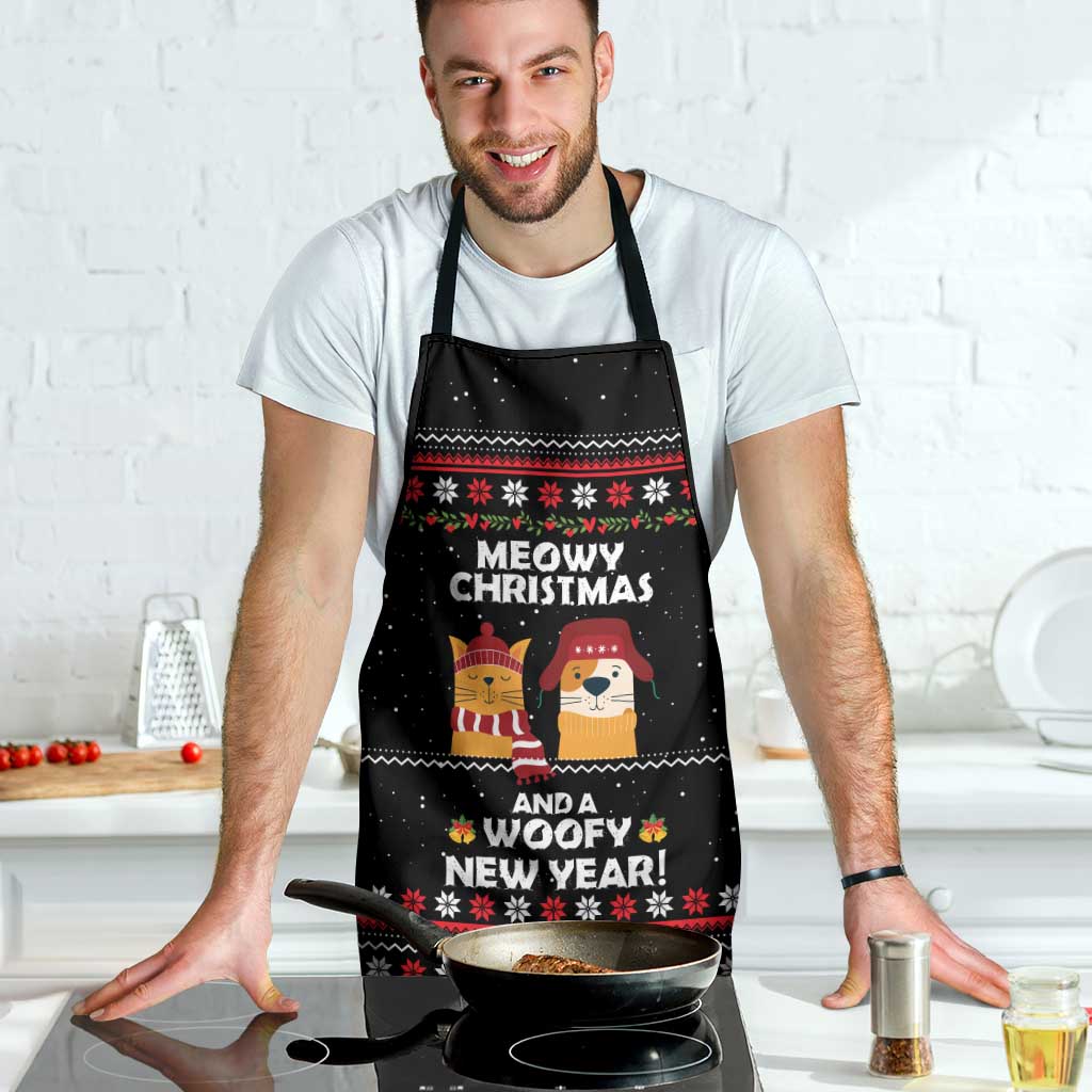 Meowy Christmas Woofy New Year Apron with Cat and Dog in Winter Hats and Festive Pattern Design - Wonder Print Shop