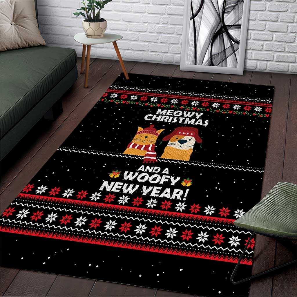 Meowy Christmas Woofy New Year Area Rug with Cat and Dog in Winter Hats and Festive Pattern Design - Wonder Print Shop