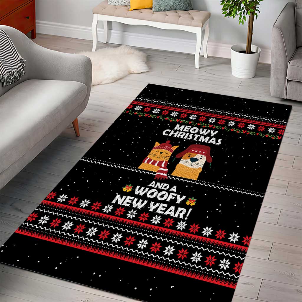 Meowy Christmas Woofy New Year Area Rug with Cat and Dog in Winter Hats and Festive Pattern Design - Wonder Print Shop