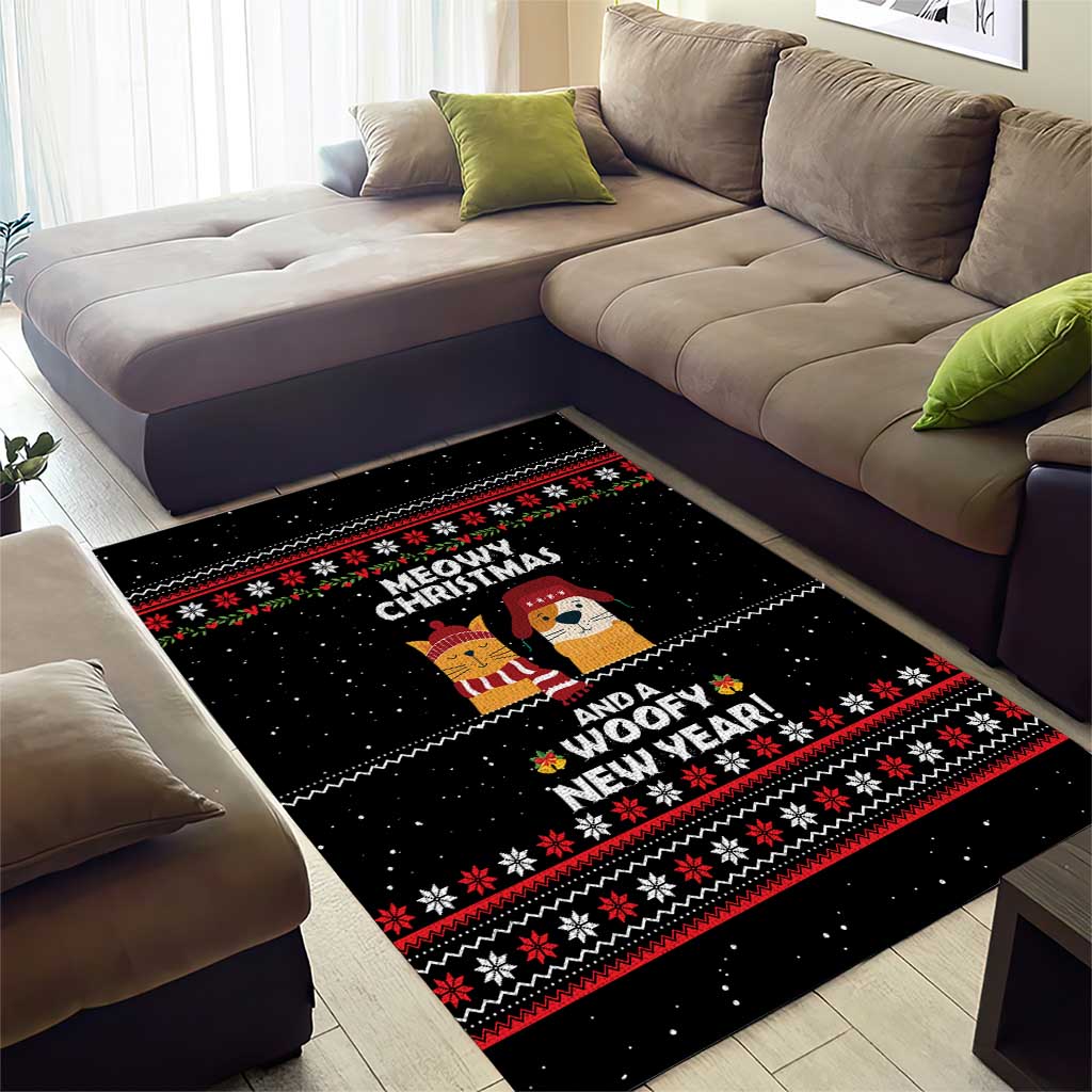 Meowy Christmas Woofy New Year Area Rug with Cat and Dog in Winter Hats and Festive Pattern Design - Wonder Print Shop