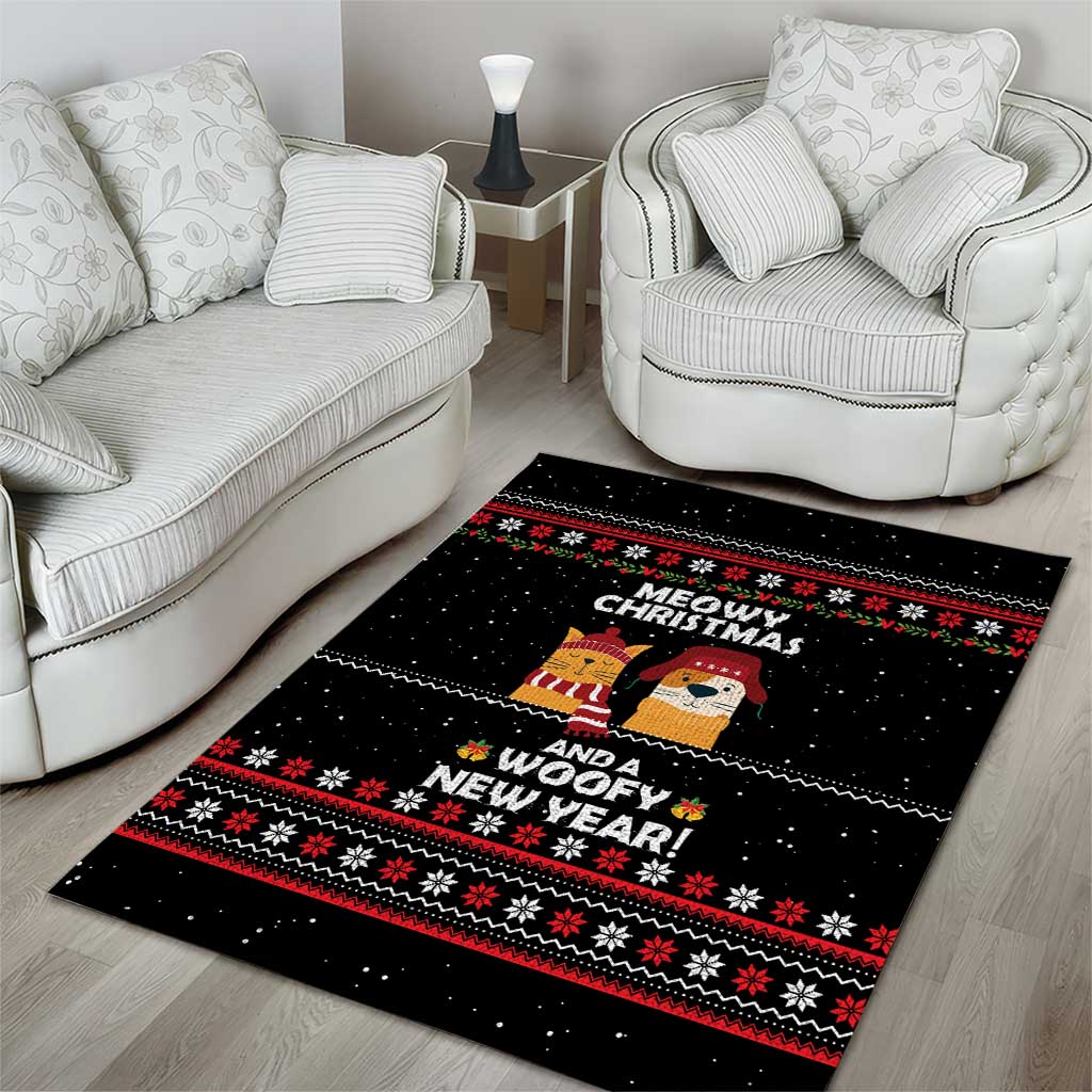 Meowy Christmas Woofy New Year Area Rug with Cat and Dog in Winter Hats and Festive Pattern Design - Wonder Print Shop