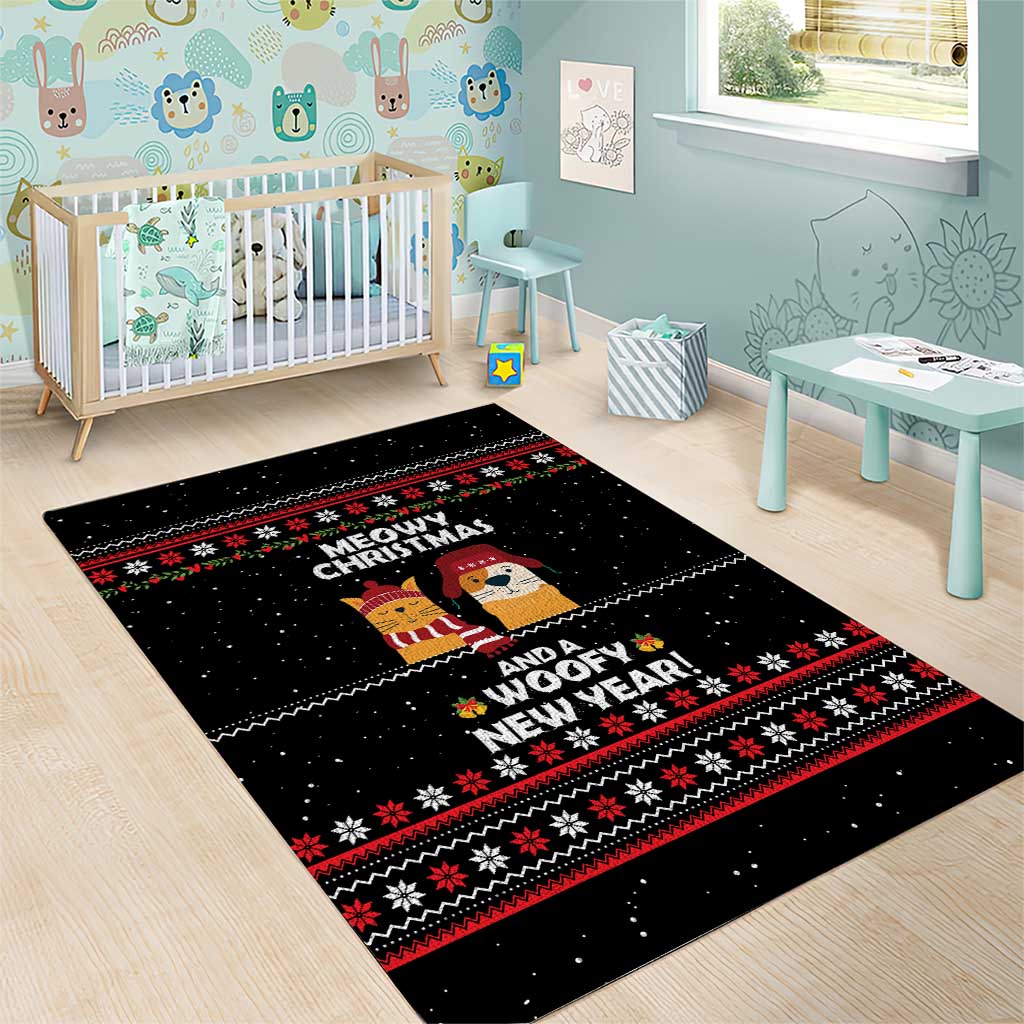 Meowy Christmas Woofy New Year Area Rug with Cat and Dog in Winter Hats and Festive Pattern Design - Wonder Print Shop