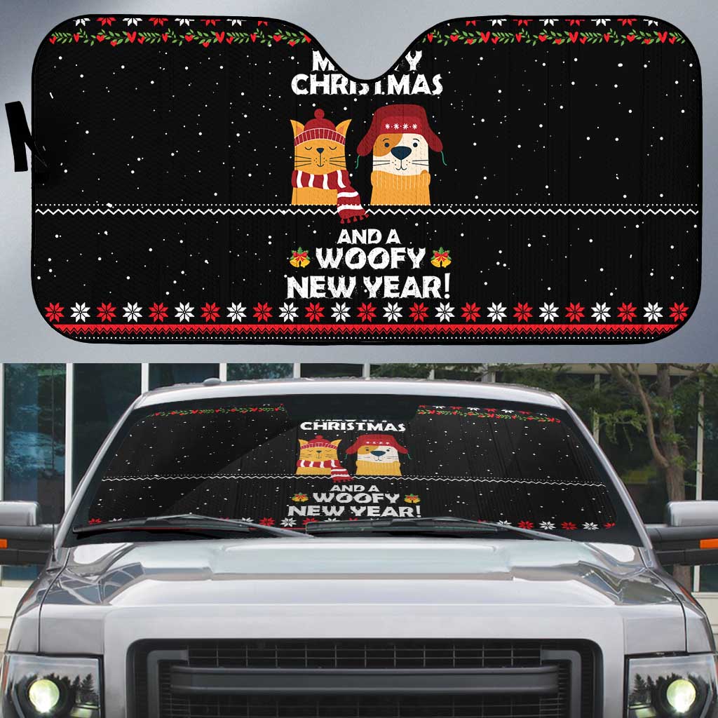 Meowy Christmas Woofy New Year Auto Sun Shade with Cat and Dog in Winter Hats and Festive Pattern Design - Wonder Print Shop