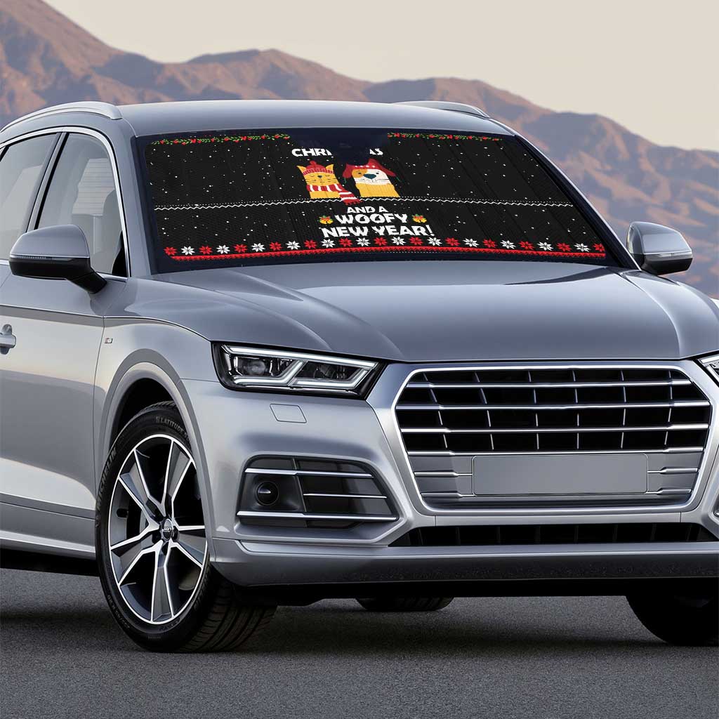 Meowy Christmas Woofy New Year Auto Sun Shade with Cat and Dog in Winter Hats and Festive Pattern Design - Wonder Print Shop