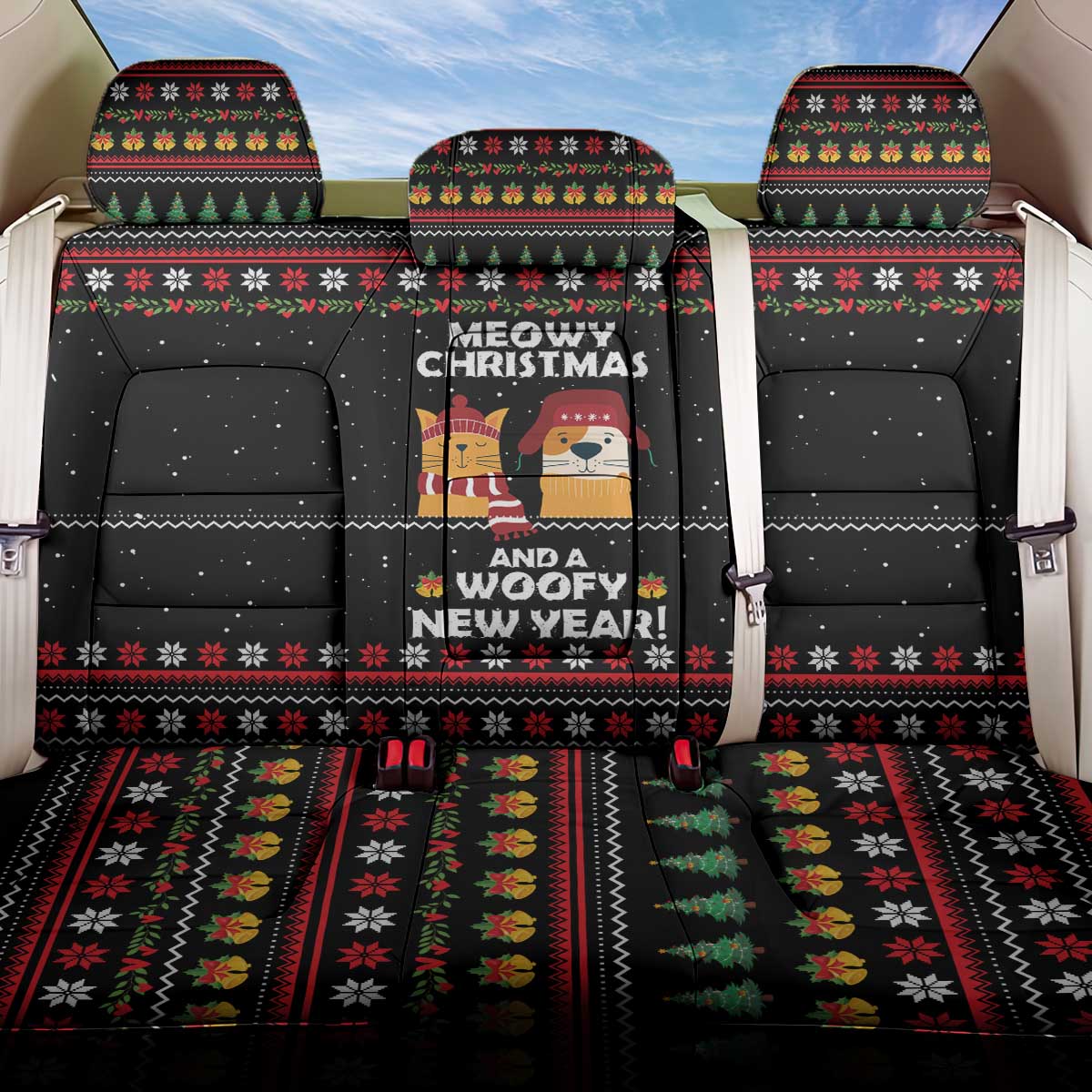Meowy Christmas Woofy New Year Back Car Seat Cover with Cat and Dog in Winter Hats and Festive Pattern Design - Wonder Print Shop