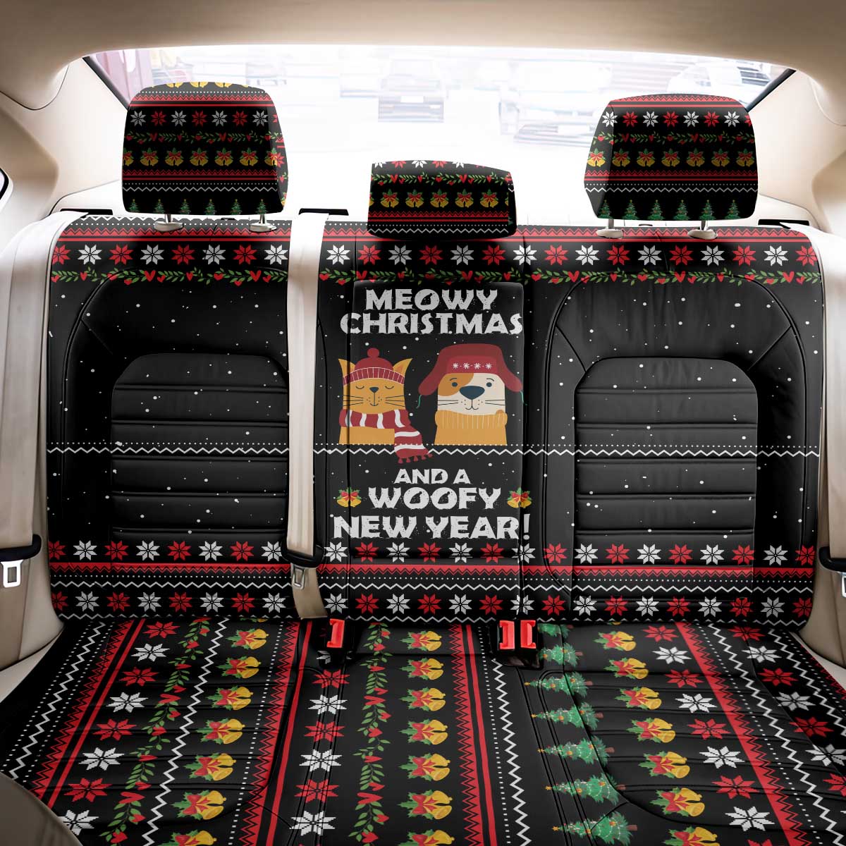 Meowy Christmas Woofy New Year Back Car Seat Cover with Cat and Dog in Winter Hats and Festive Pattern Design - Wonder Print Shop
