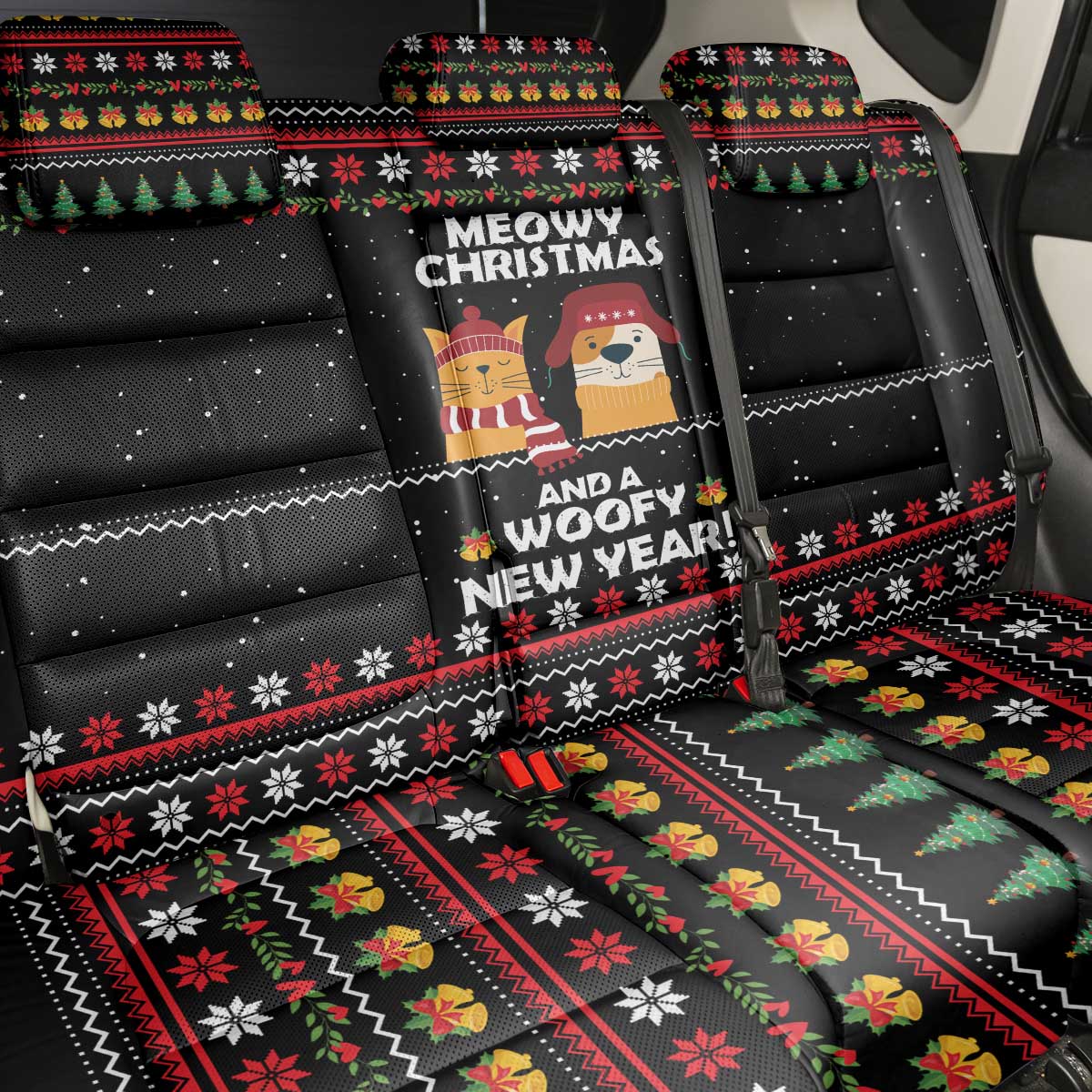 Meowy Christmas Woofy New Year Back Car Seat Cover with Cat and Dog in Winter Hats and Festive Pattern Design - Wonder Print Shop
