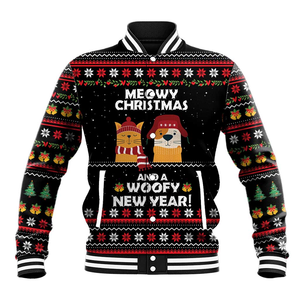 Meowy Christmas Woofy New Year Baseball Jacket with Cat and Dog in Winter Hats and Festive Pattern Design - Wonder Print Shop