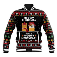Meowy Christmas Woofy New Year Baseball Jacket with Cat and Dog in Winter Hats and Festive Pattern Design - Wonder Print Shop
