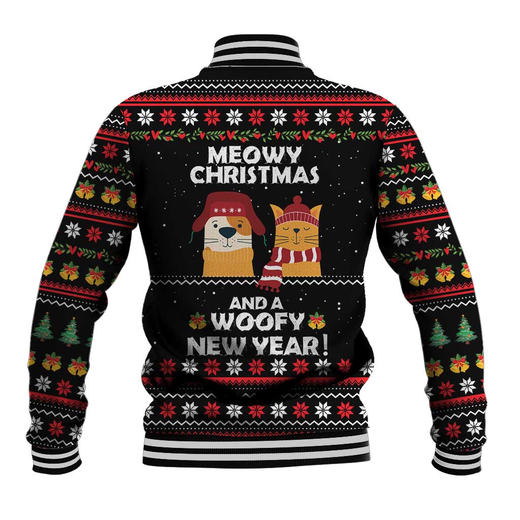 Meowy Christmas Woofy New Year Baseball Jacket with Cat and Dog in Winter Hats and Festive Pattern Design - Wonder Print Shop