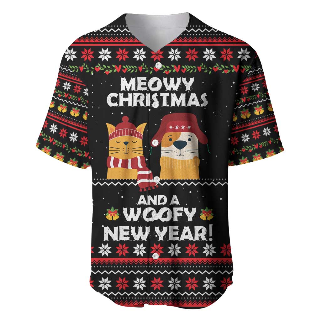 Meowy Christmas Woofy New Year Baseball Jersey with Cat and Dog in Winter Hats and Festive Pattern Design - Wonder Print Shop