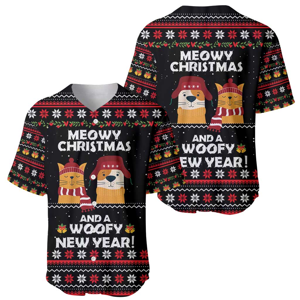Meowy Christmas Woofy New Year Baseball Jersey with Cat and Dog in Winter Hats and Festive Pattern Design - Wonder Print Shop
