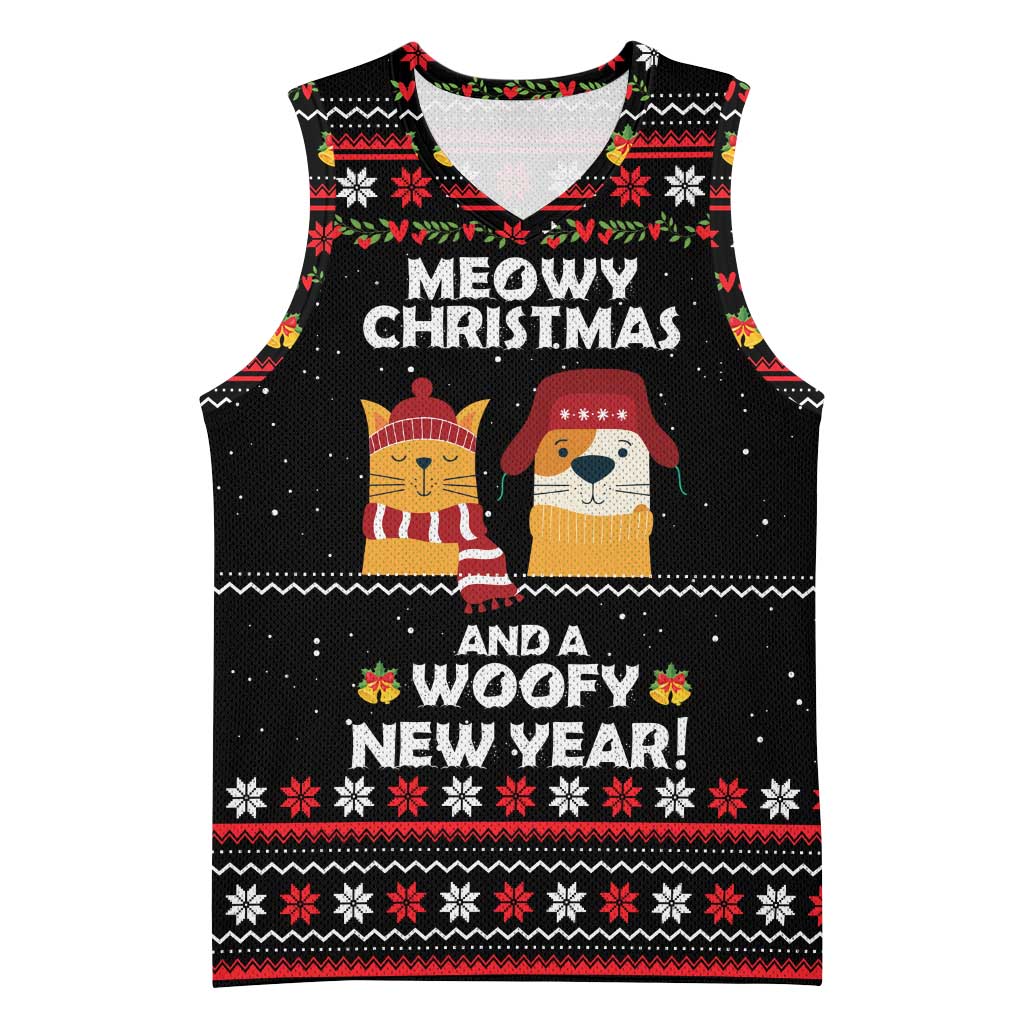 Meowy Christmas Woofy New Year Basketball Jersey with Cat and Dog in Winter Hats and Festive Pattern Design - Wonder Print Shop