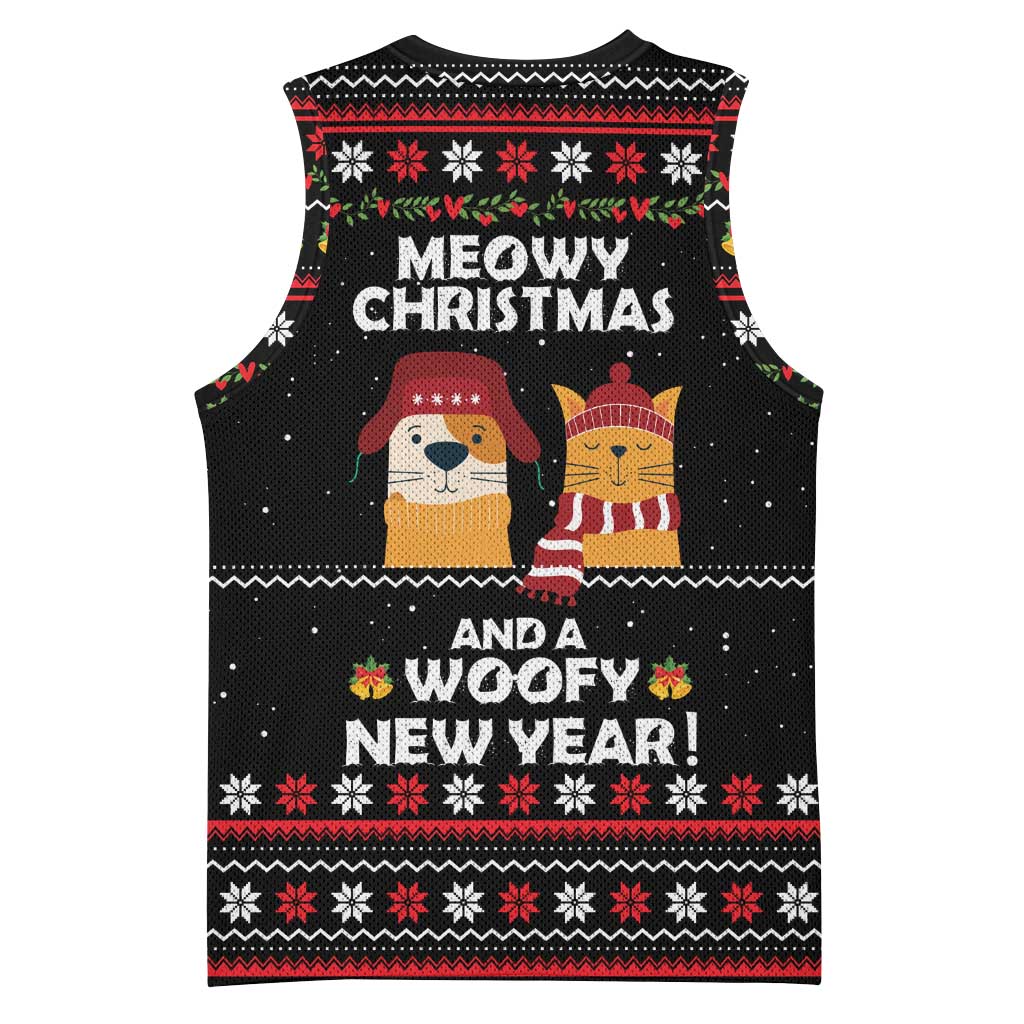 Meowy Christmas Woofy New Year Basketball Jersey with Cat and Dog in Winter Hats and Festive Pattern Design - Wonder Print Shop